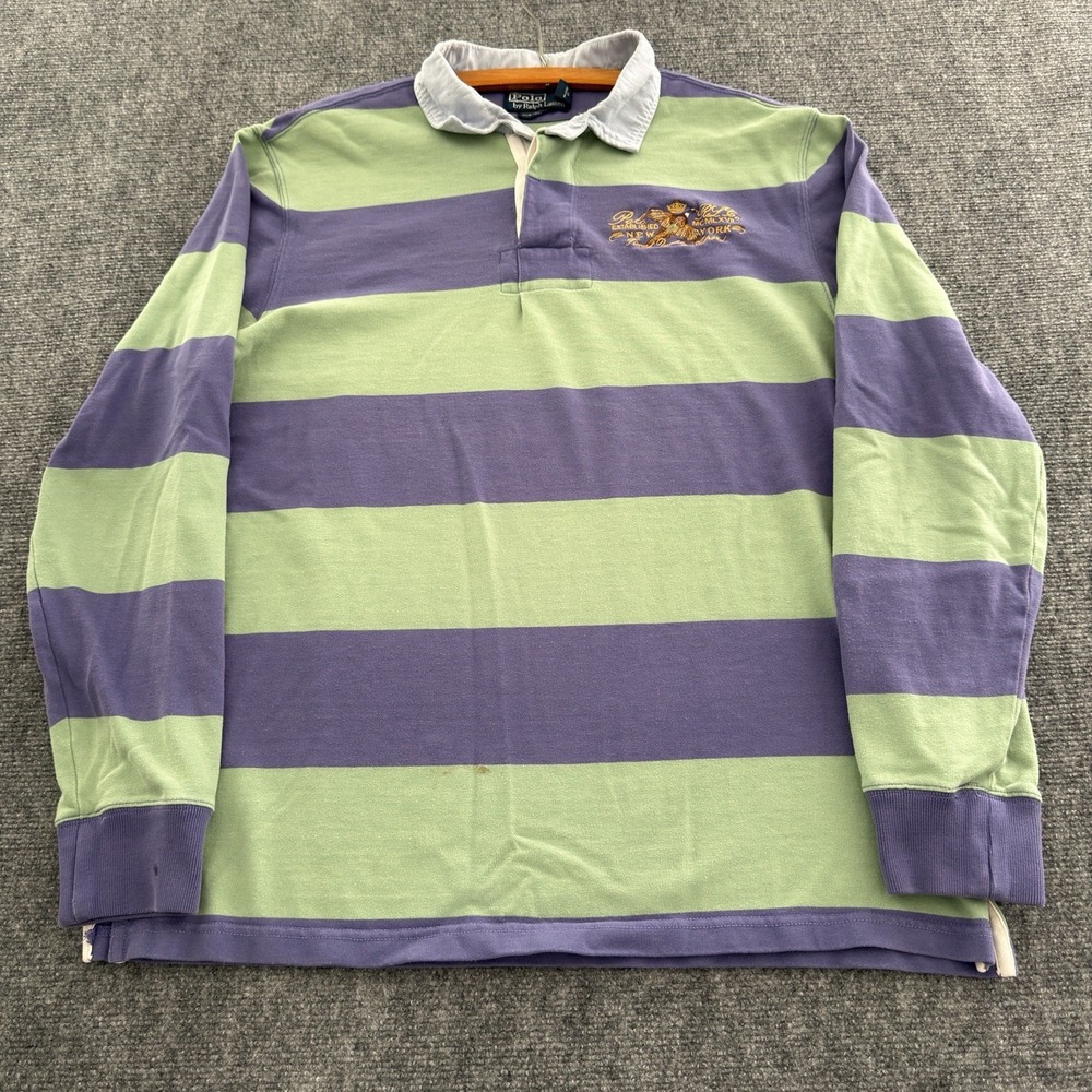 Vintage Polo Ralph Lauren Striped Rugby Shirt Mens Large Green Purple Custom Fit